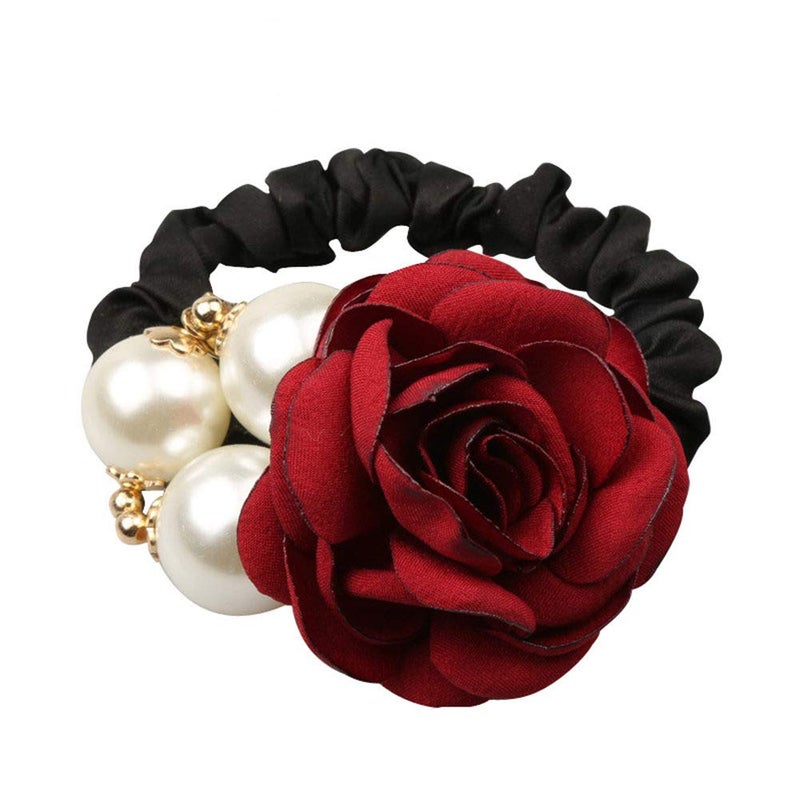 LOVEF 4Pcs Korean Fashion Pearl Hair Rope Rose Flower Rhinestone Hair Ties/ Jewelry Rubber Band - Image 3
